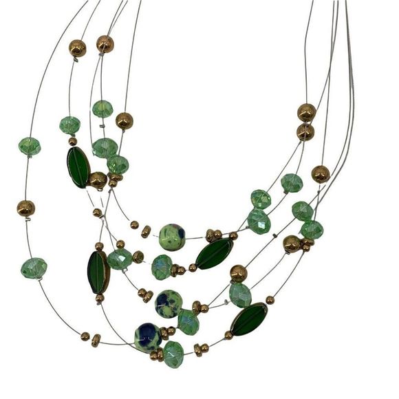 Women’s Lot Glass Bead Necklace Earring Set Green 0350 Layered Tiered 20" - Picture 10 of 11